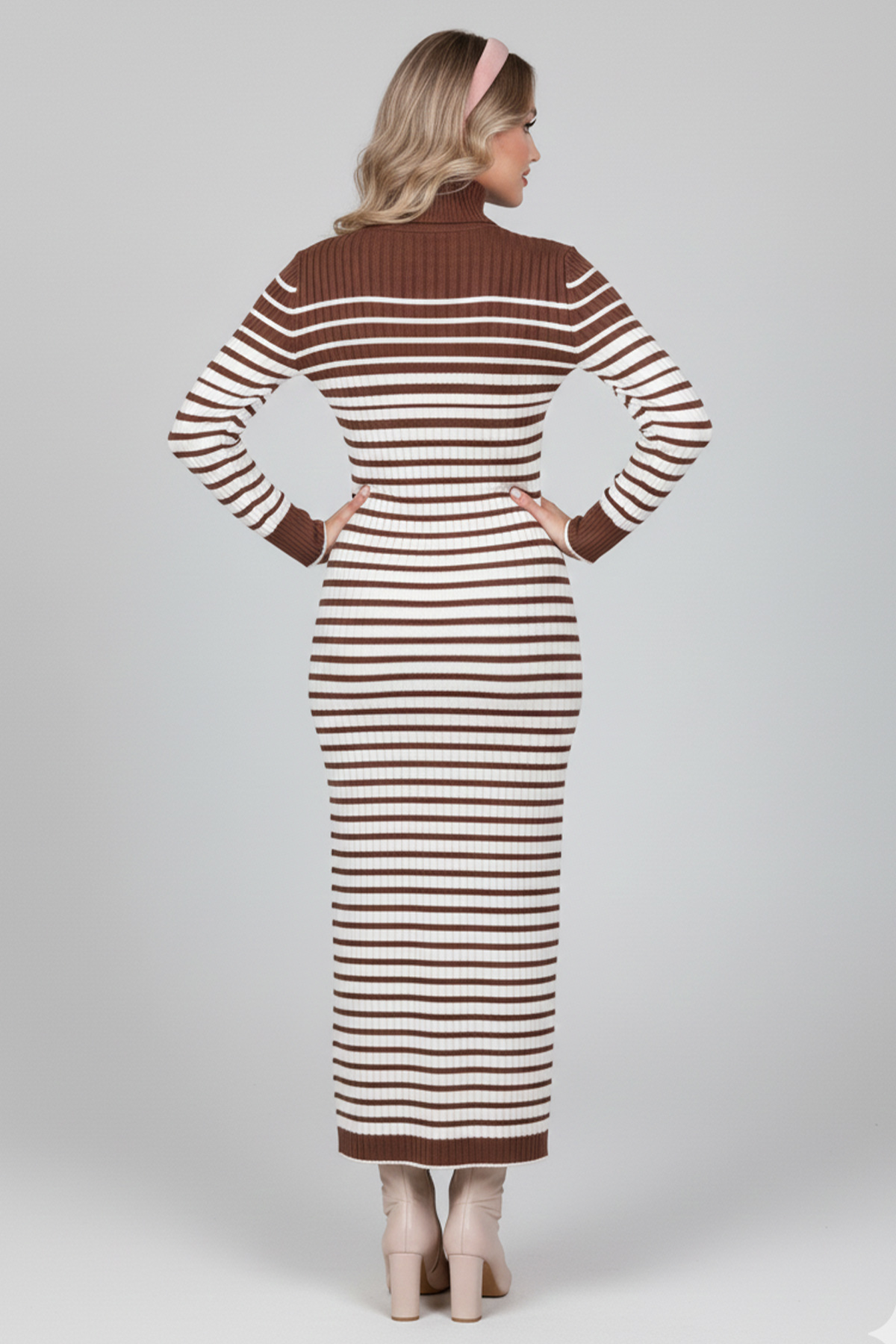  Balıkçı Yaka Çizgili Triko Elbise Kahverengi 6143