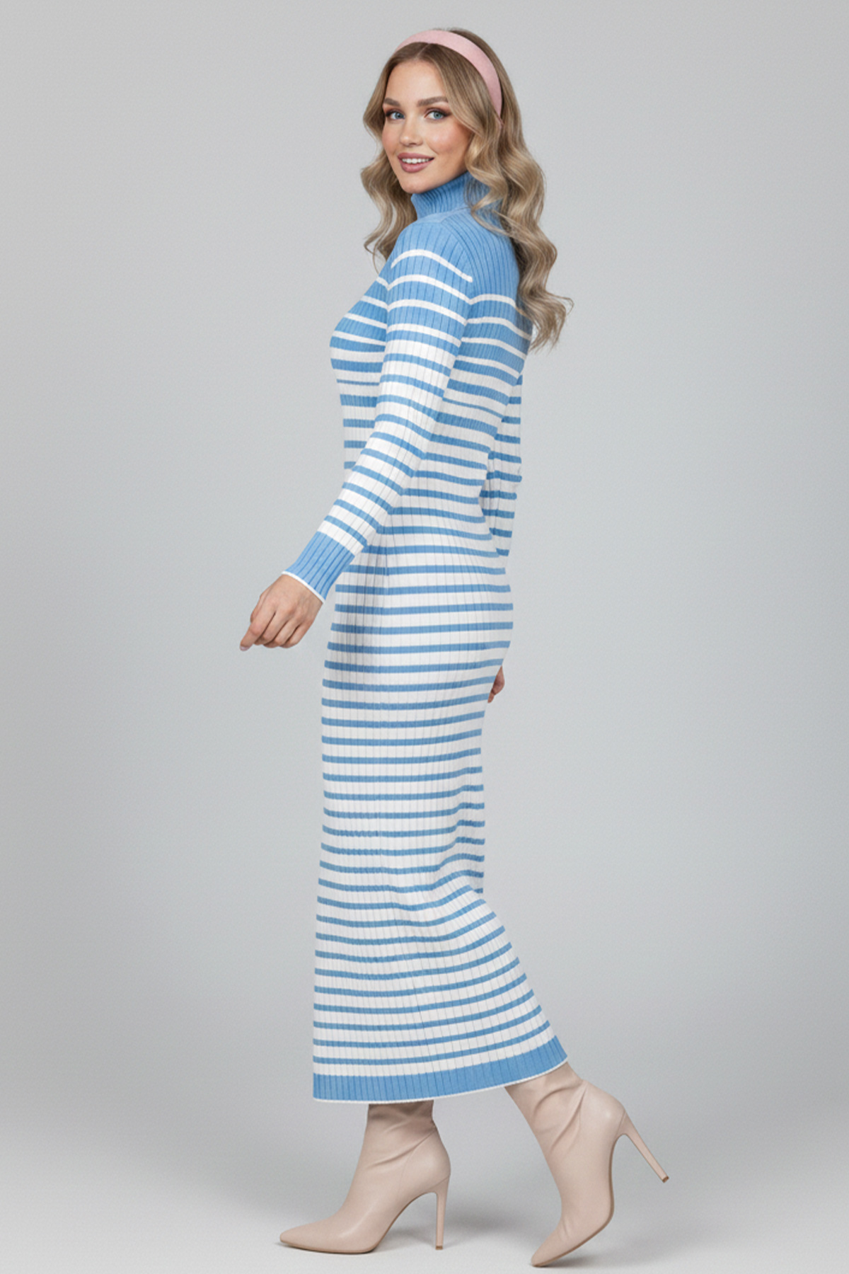  Balıkçı Yaka Çizgili Triko Elbise Mavi 6143
