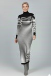  Balıkçı Yaka Çizgili Triko Elbise Siyah 6143