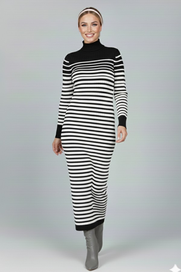  Balıkçı Yaka Çizgili Triko Elbise Siyah 6143