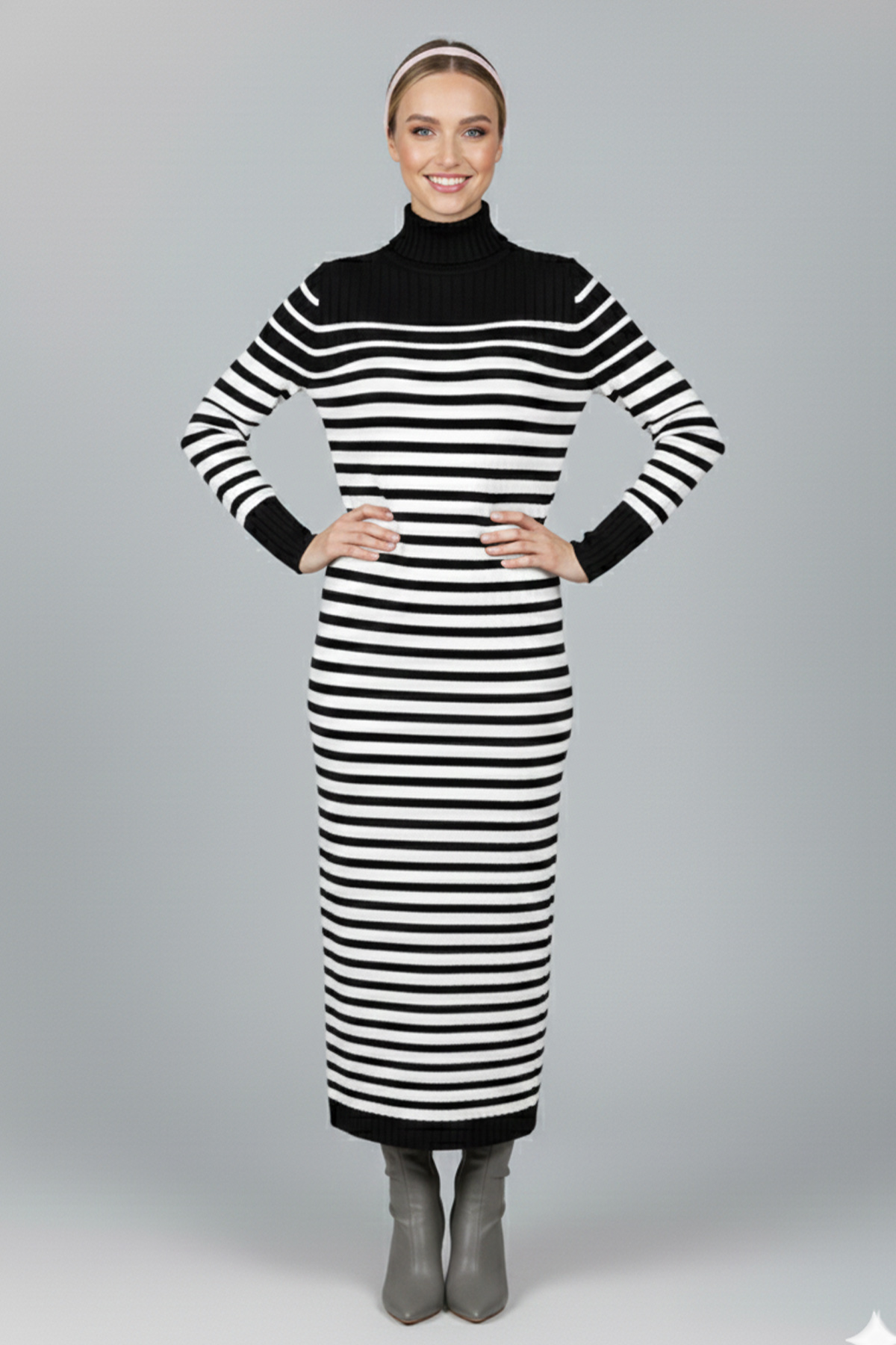  Balıkçı Yaka Çizgili Triko Elbise Siyah 6143