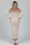  Balıkçı Yaka Çizgili Triko Elbise Vizon 6143