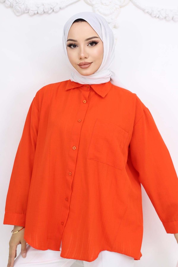  Kendinden Desenli Tesettür Gömlek Oranj 61505