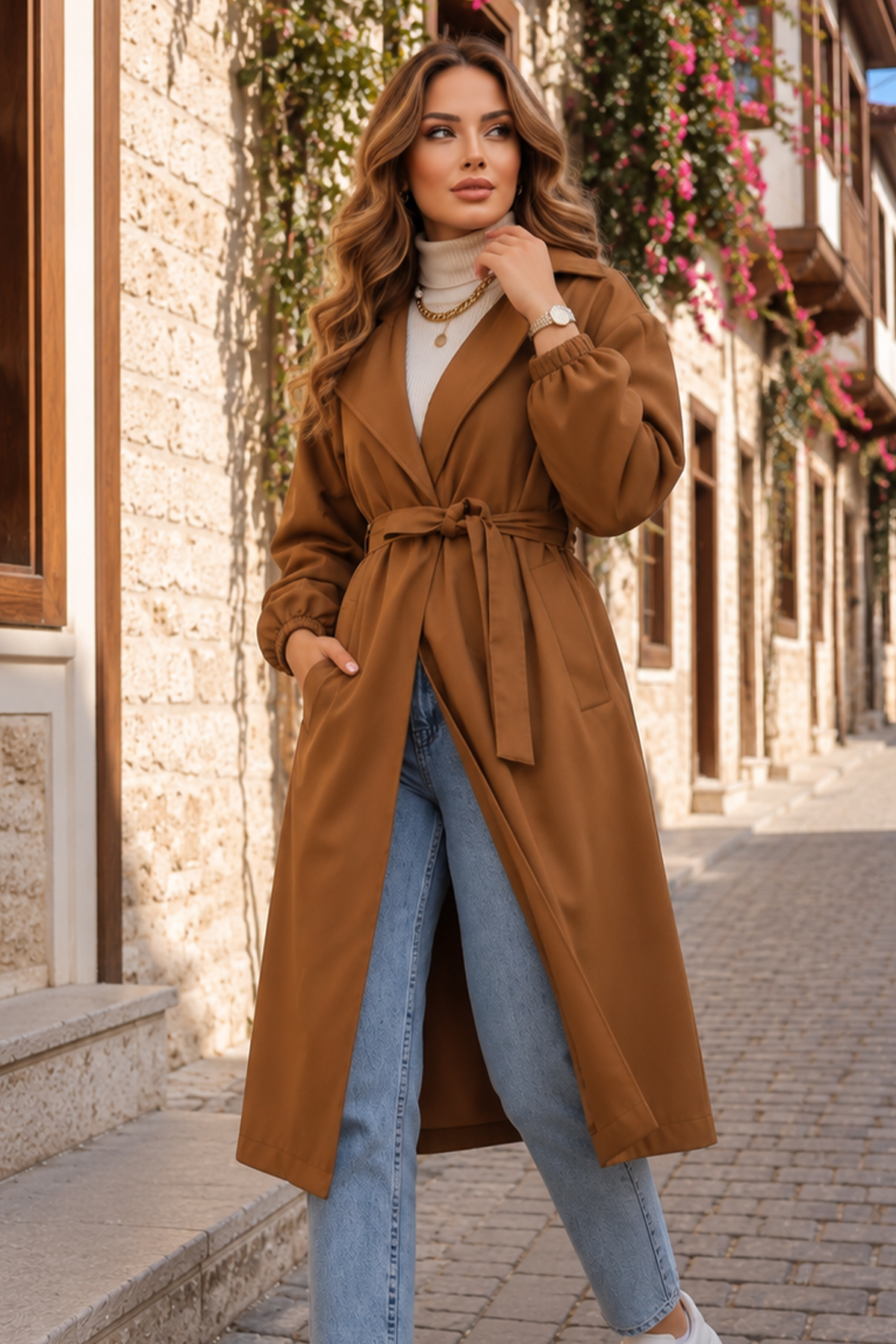   Kuşaklı Trençkot Taba 61533