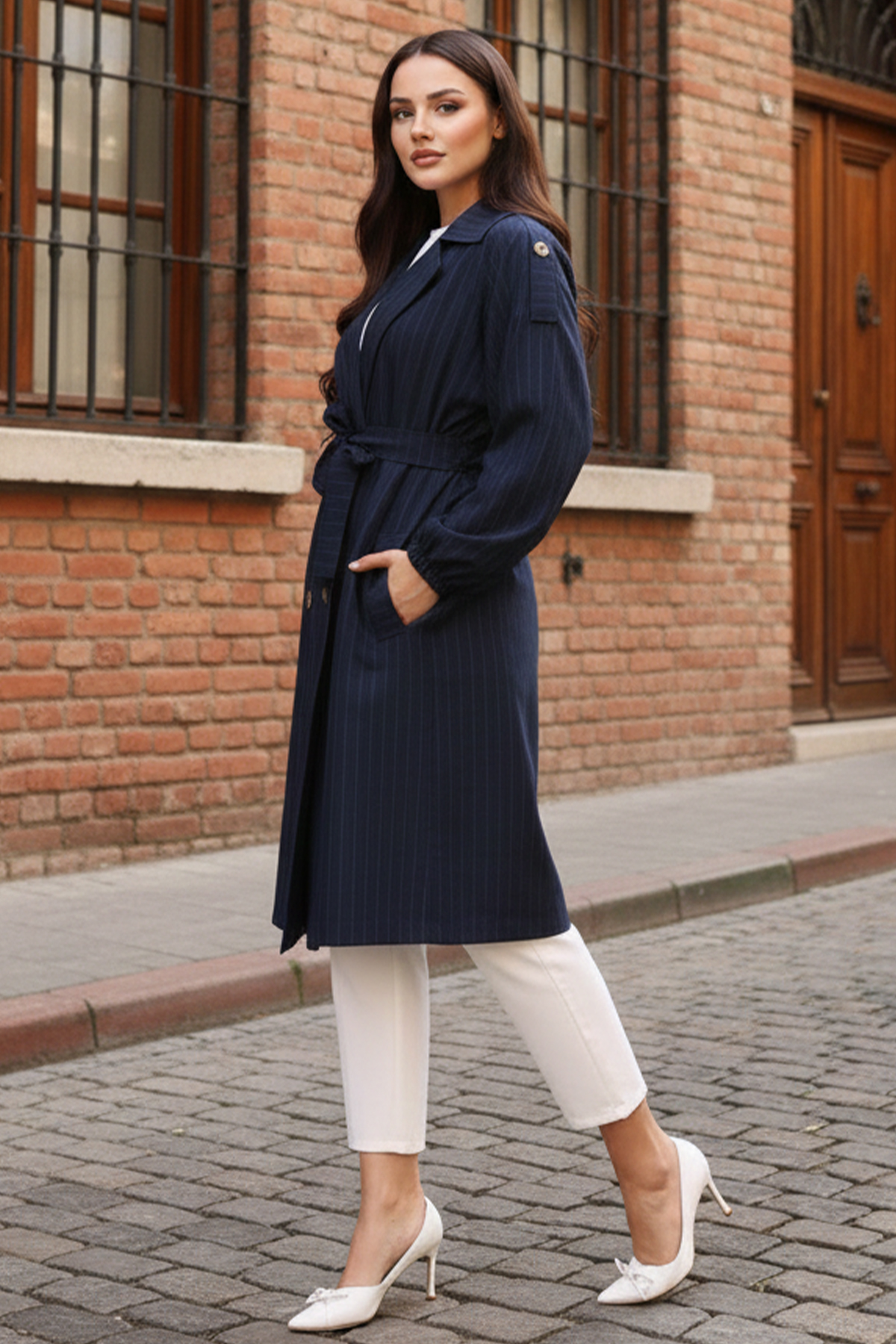  Çizgili Trençkot Lacivert 61673