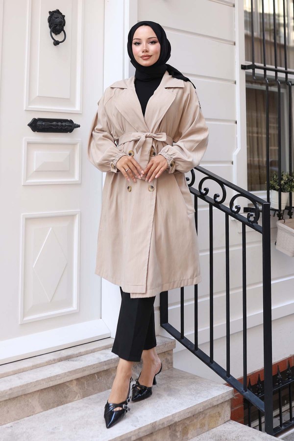  Çizgili Trençkot Bej 61673