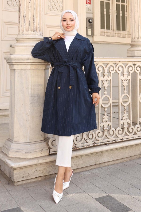  Çizgili Trençkot Lacivert 61673
