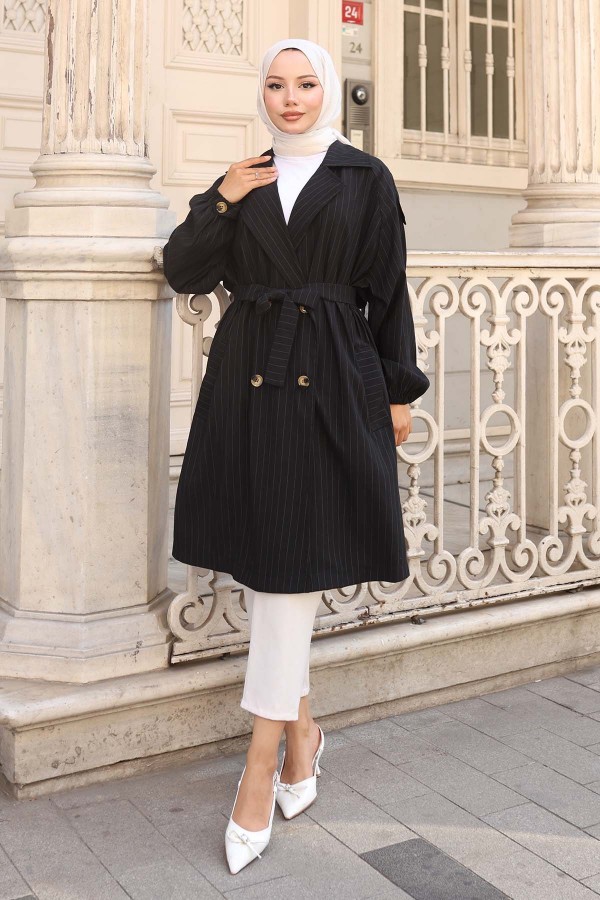  Çizgili Trençkot Siyah 61673