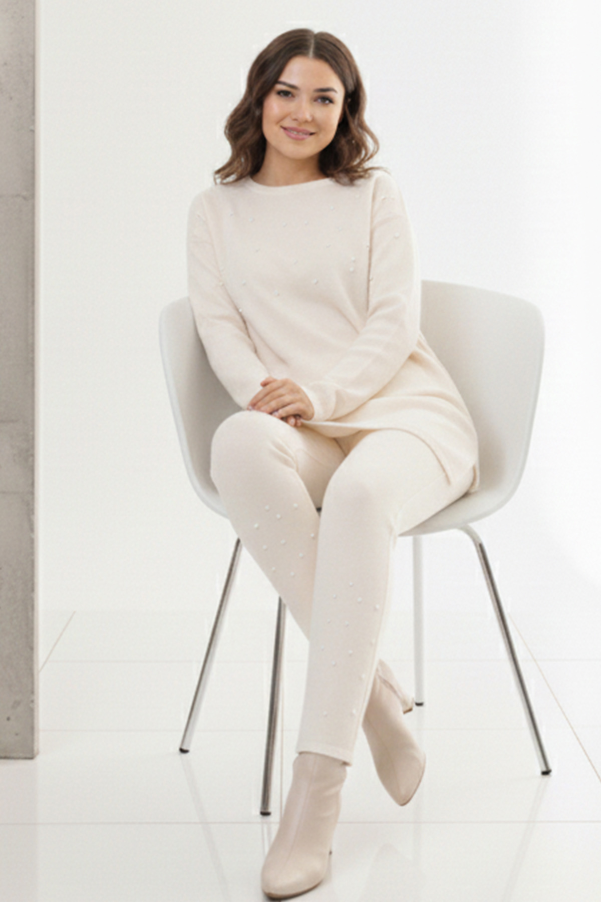  Taş Detaylı Triko Takım Ekru 6205