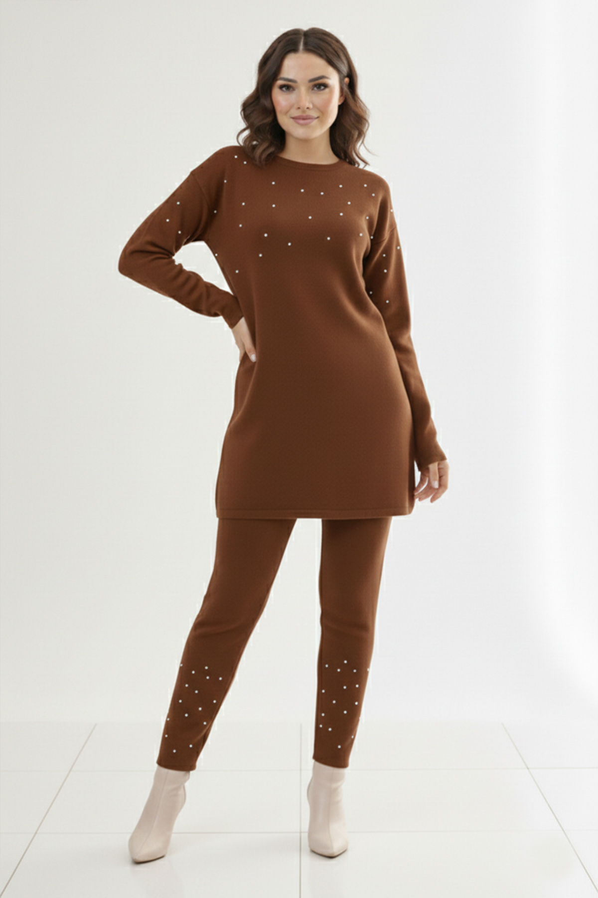  Taş Detaylı Triko Takım Kahverengi 6205