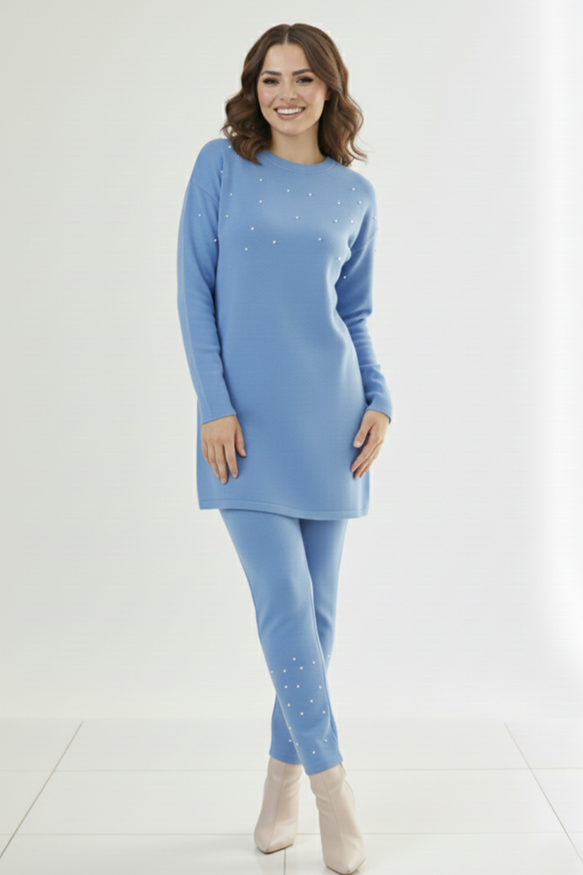  Taş Detaylı Triko Takım Mavi 6205