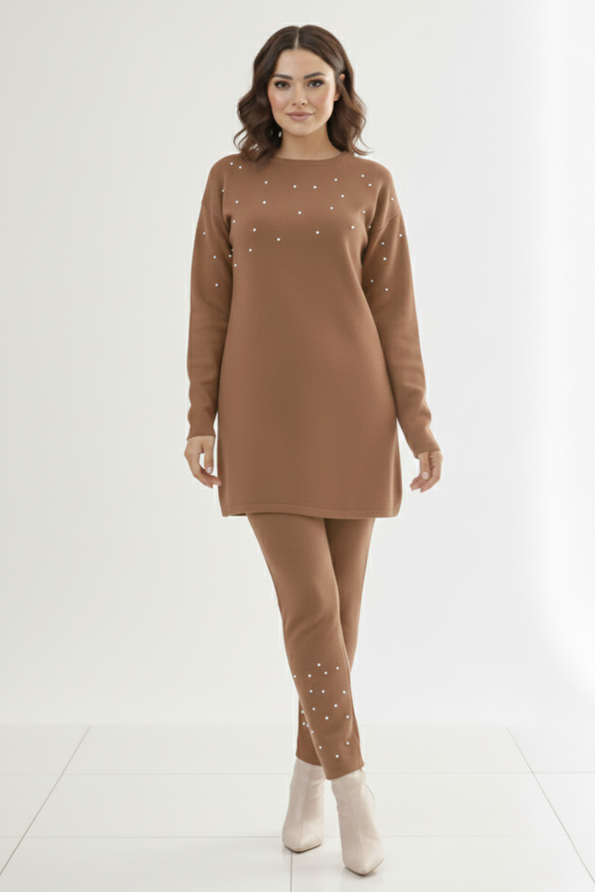  Taş Detaylı Triko Takım Vizon 6205