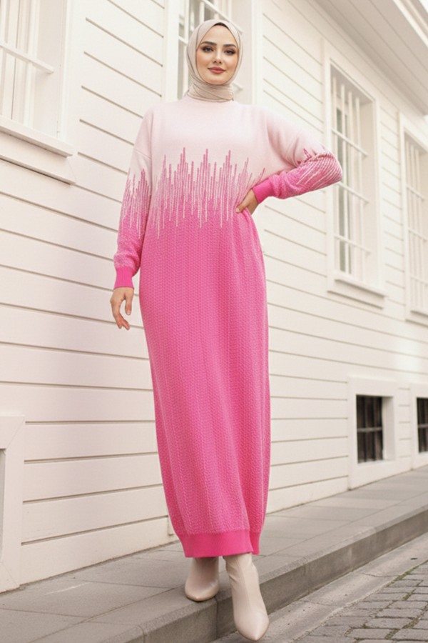  Desenli Triko Elbise Fuşya 6208