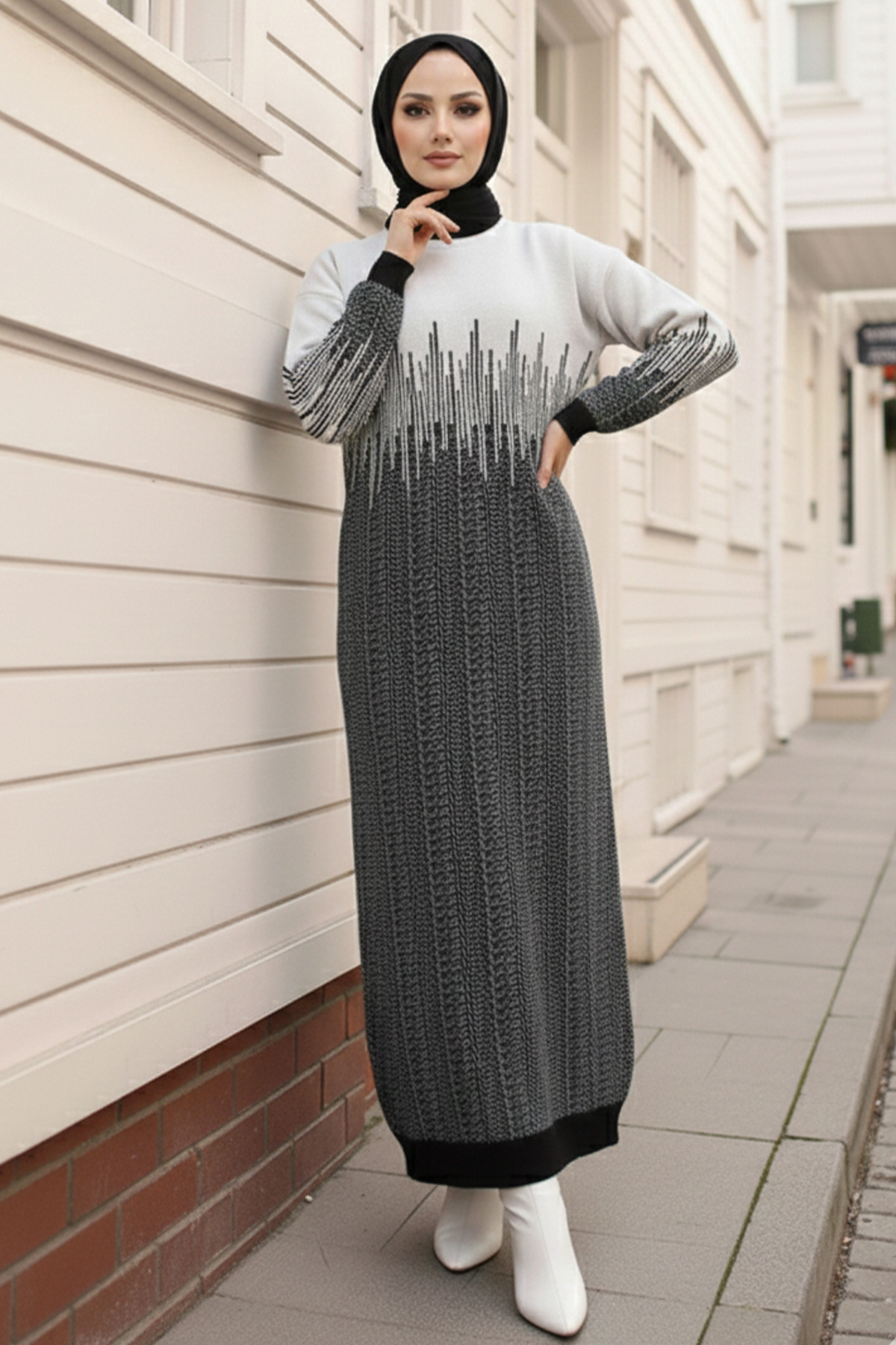  Desenli Triko Elbise Siyah 6208