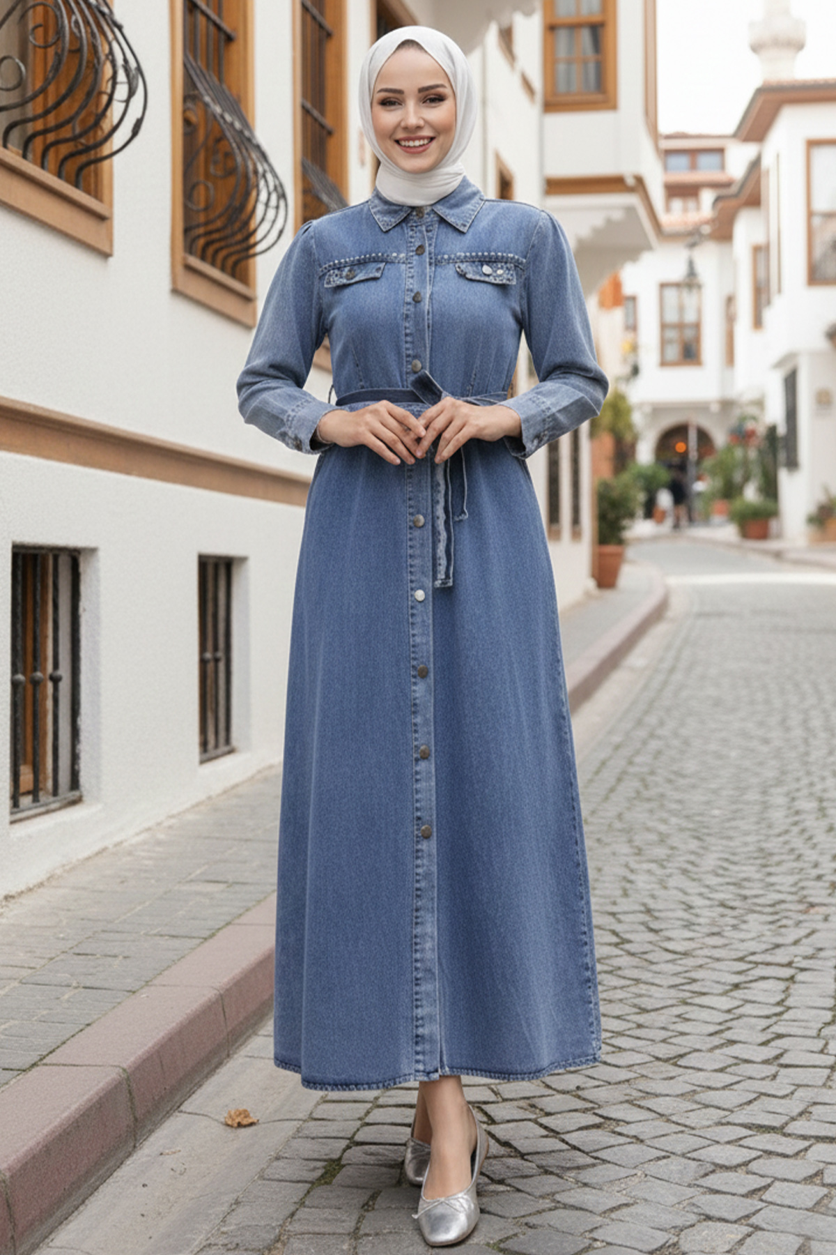  Cepleri Boncuk Detaylı Kot Elbise Lacivert 6804