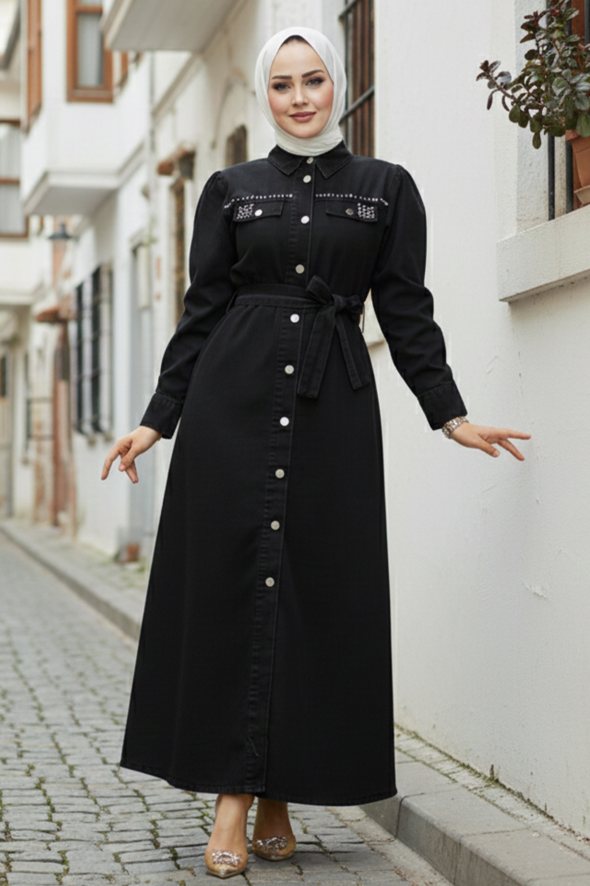  Cepleri Boncuk Detaylı Kot Elbise Siyah 6804