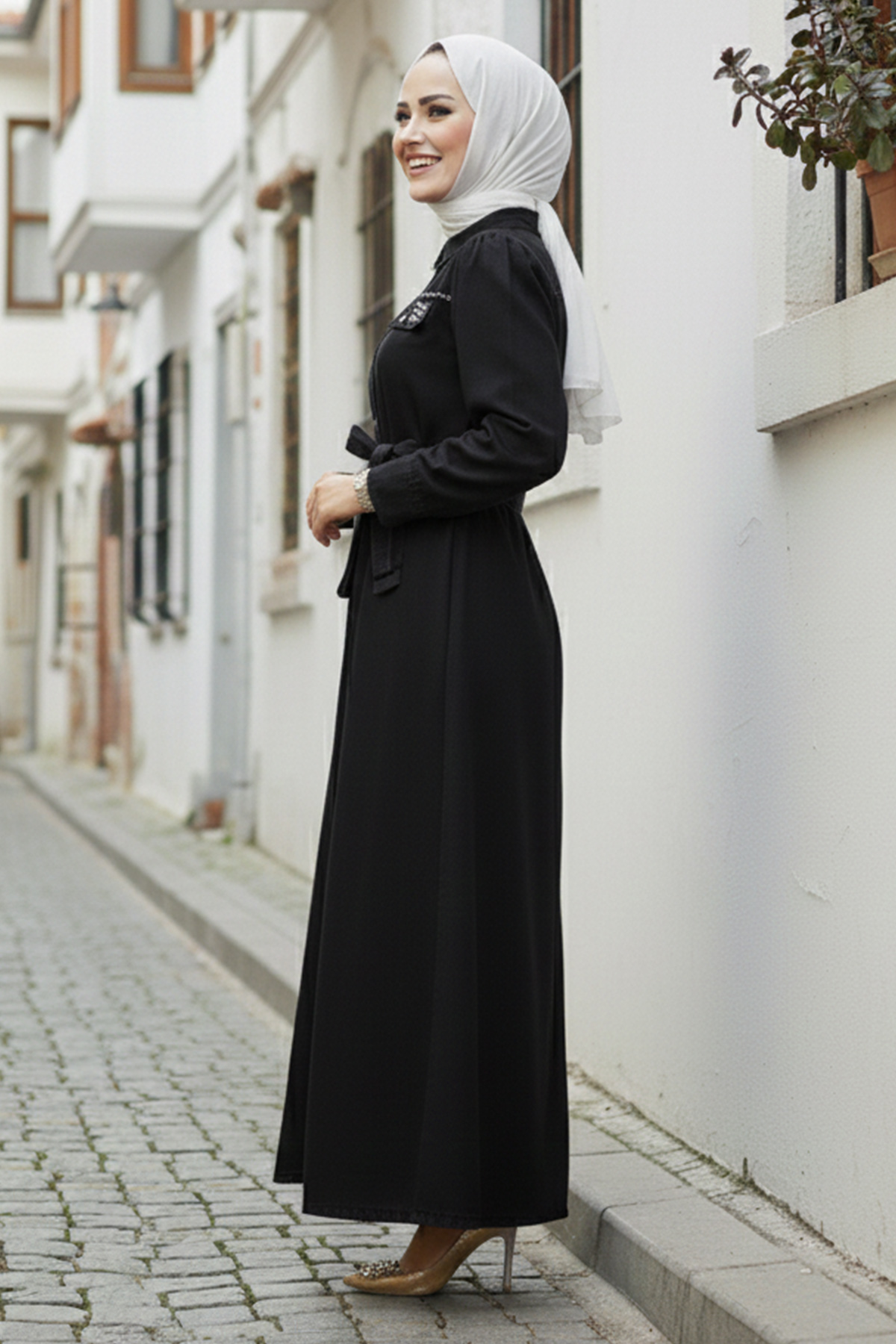  Cepleri Boncuk Detaylı Kot Elbise Siyah 6804