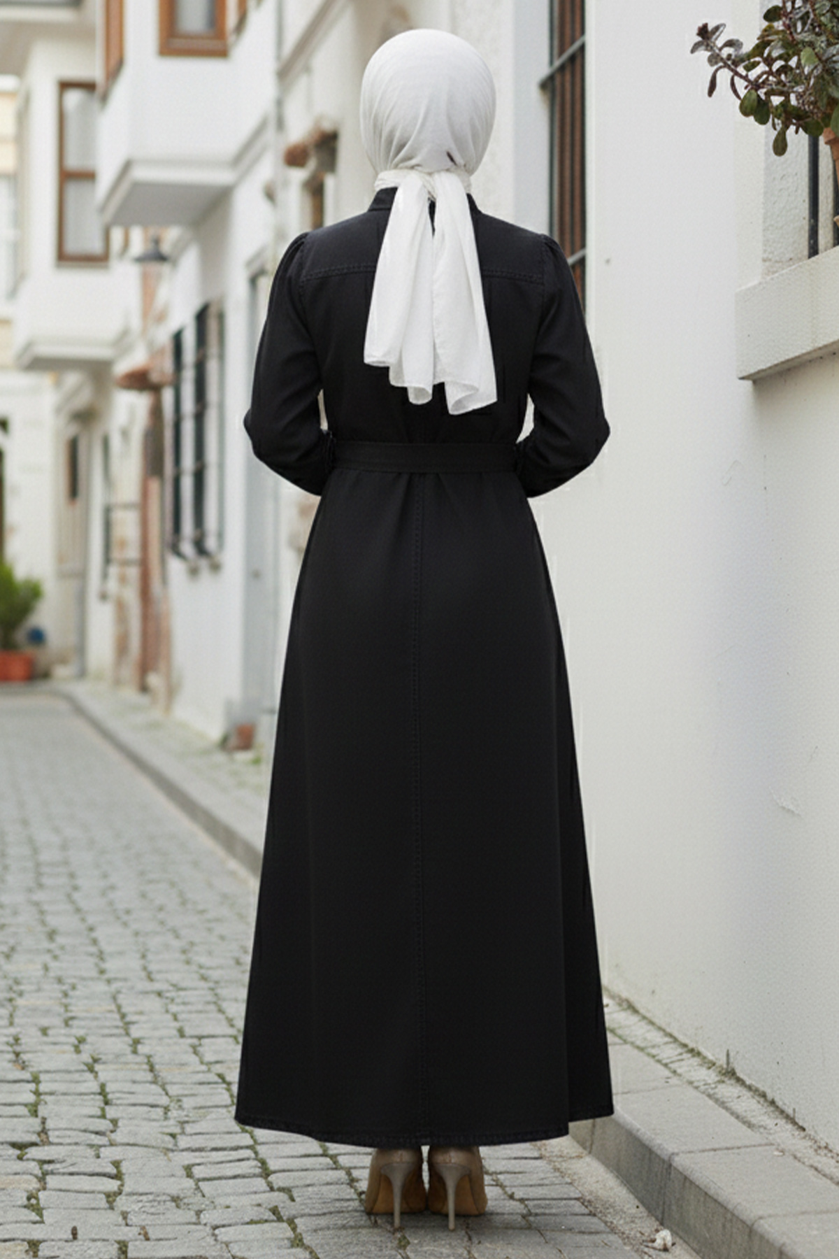  Cepleri Boncuk Detaylı Kot Elbise Siyah 6804