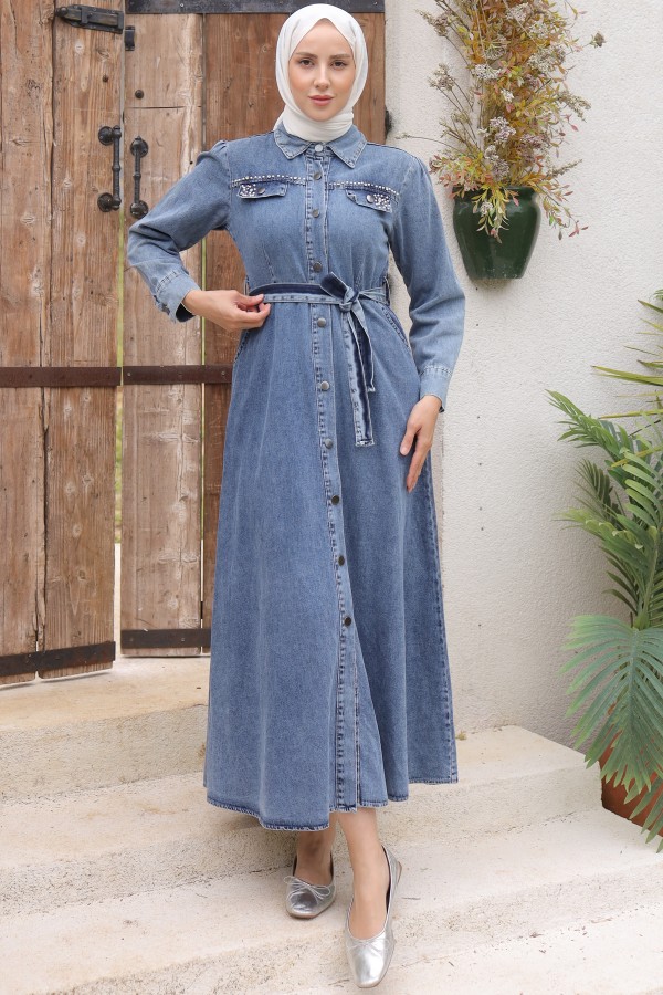 Cepleri Boncuk Detaylı Kot Elbise Lacivert 6804 Cepleri Boncuk Detaylı Kot Elbise Lacivert 6804