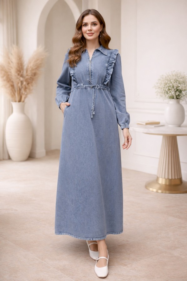  Fırfır Detaylı Kot Elbise Mavi 6808