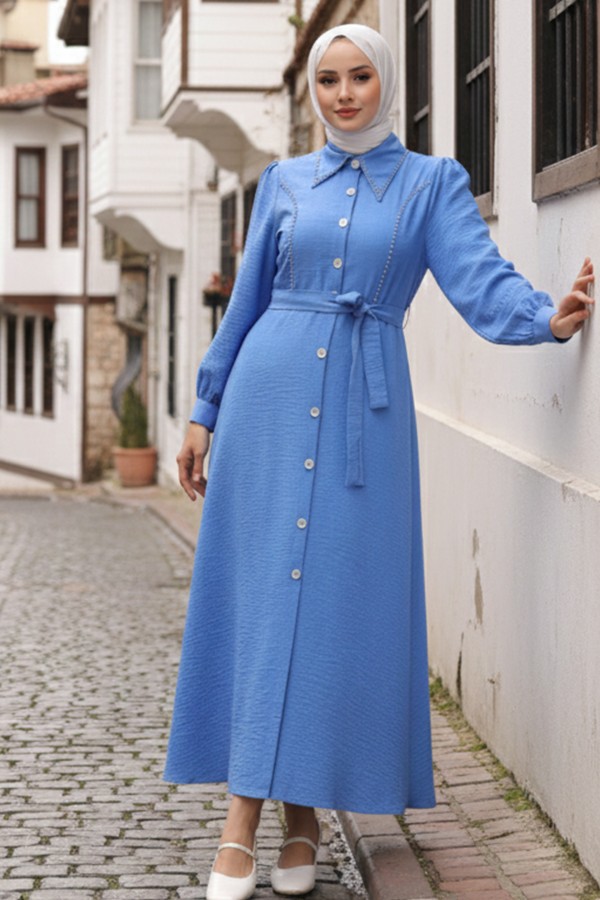  Boncuk Detaylı Elbise Mavi 6809
