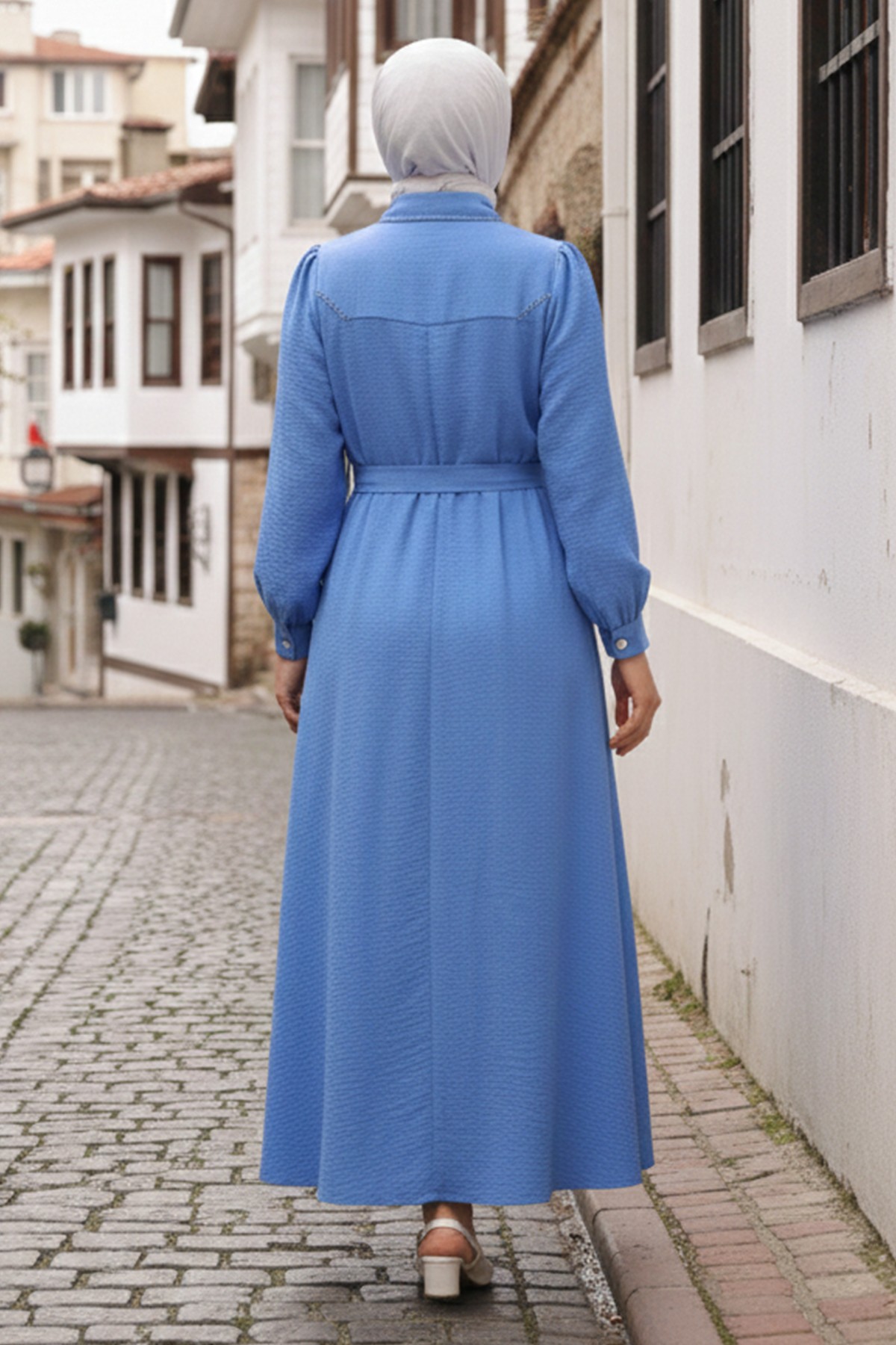  Boncuk Detaylı Elbise Mavi 6809