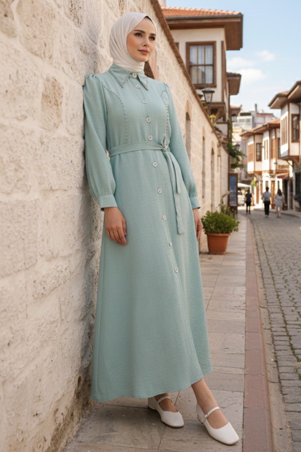  Boncuk Detaylı Elbise Mint Yeşili 6809