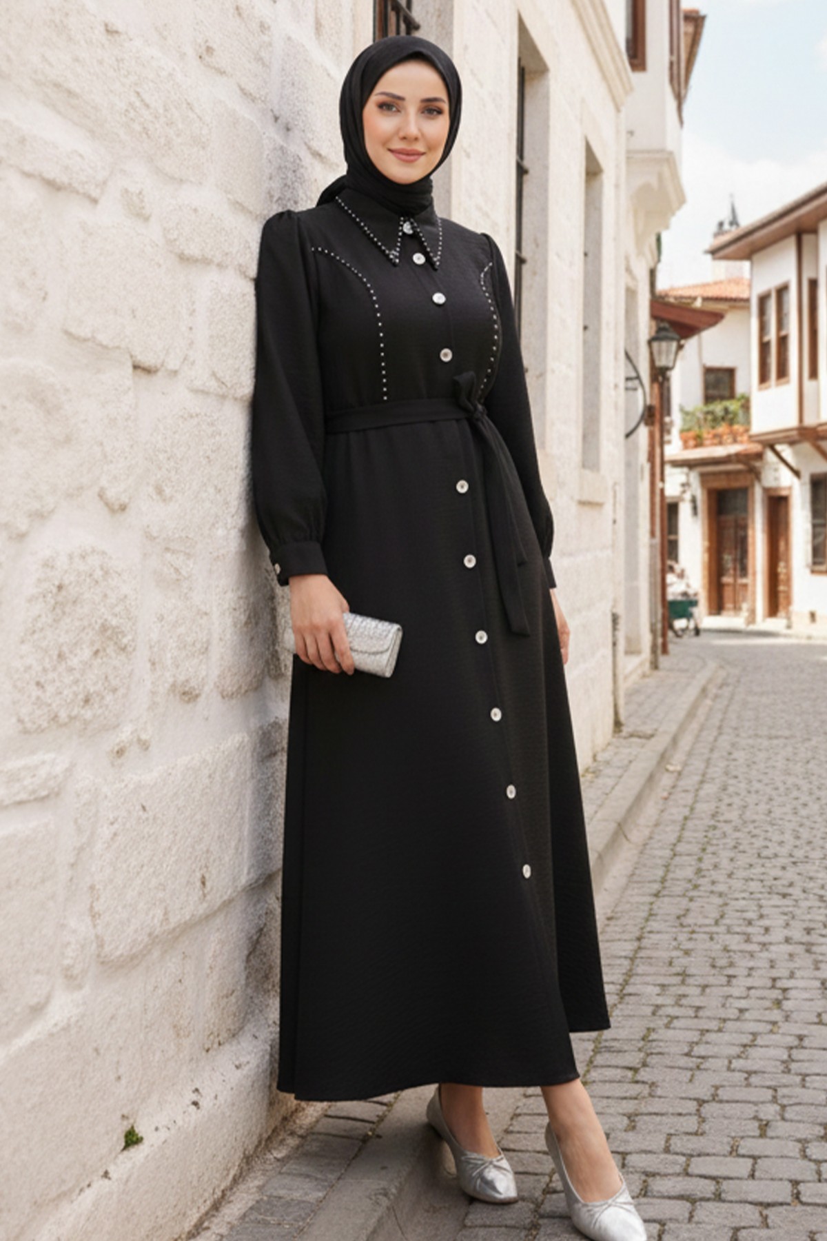  Boncuk Detaylı Elbise Siyah 6809