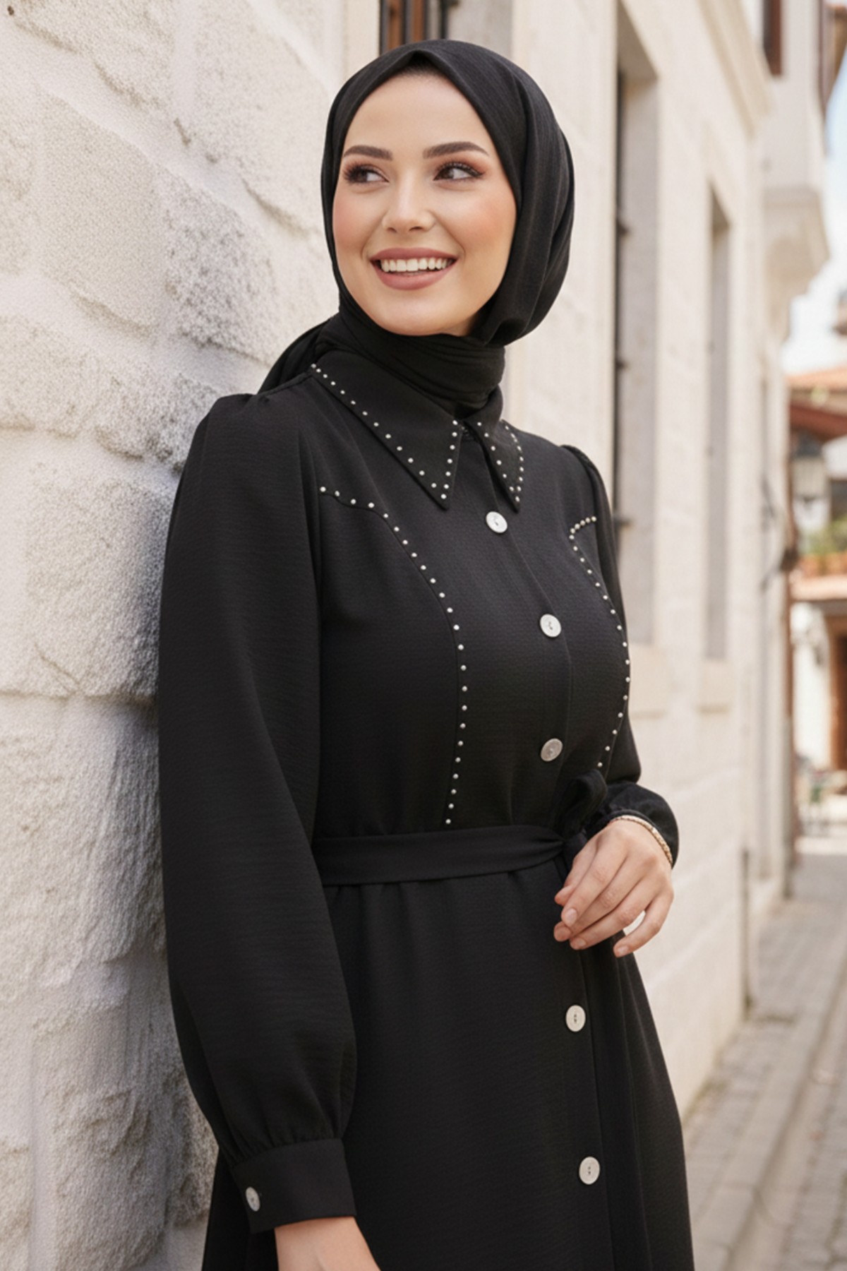  Boncuk Detaylı Elbise Siyah 6809