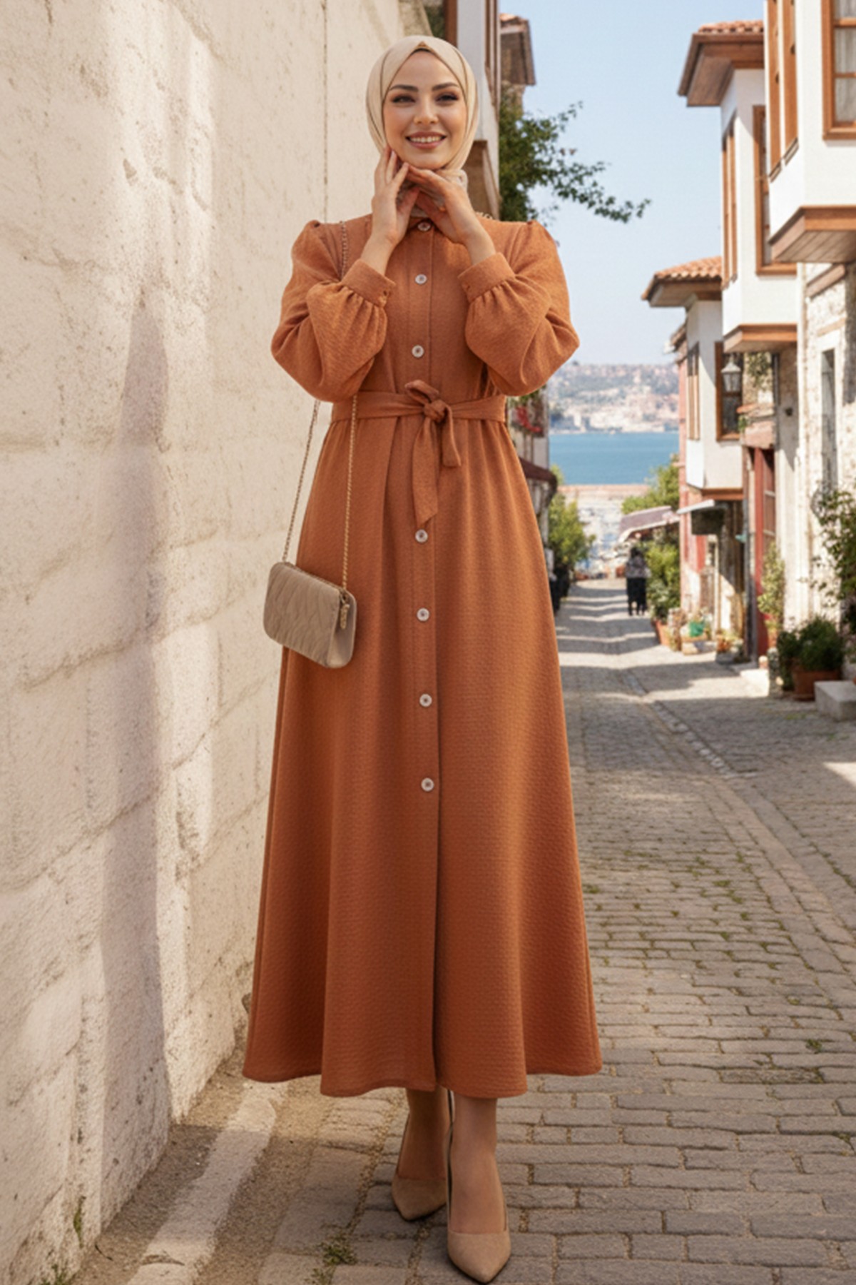  Boncuk Detaylı Elbise Tarçın 6809