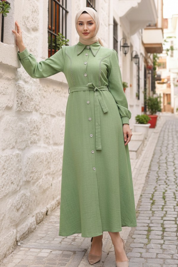  Boncuk Detaylı Elbise Yeşil 6809