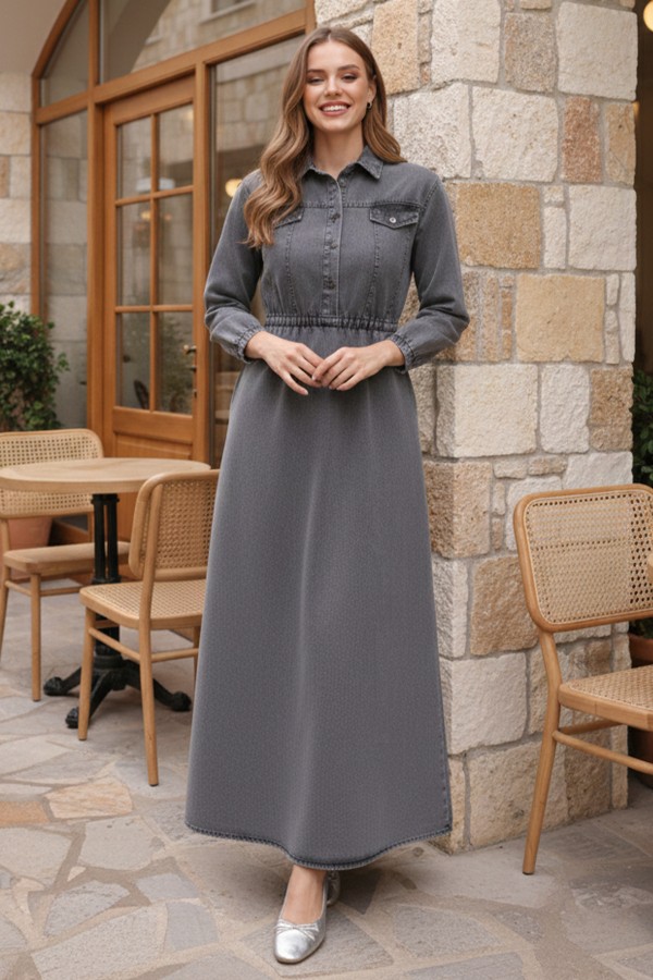  Beli Lastikli Kot Elbise Gri 6952