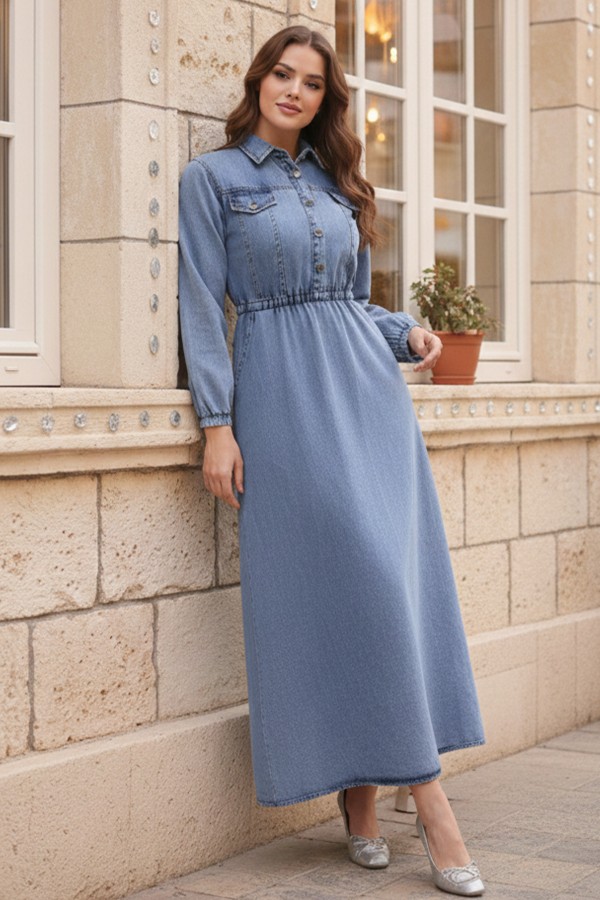  Beli Lastikli Kot Elbise Mavi 6952