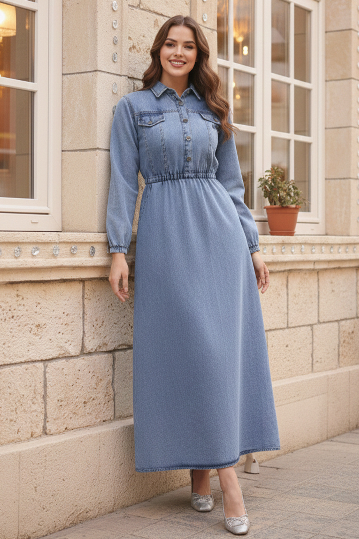 Beli Lastikli Kot Elbise Mavi 6952 Beli Lastikli Kot Elbise Mavi 6952