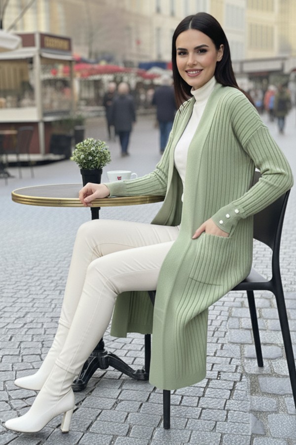 Kolu Düğmeli Fitilli Triko Hırka R7146 Çağla Kolu Düğmeli Fitilli Triko Hırka R7146 Çağla