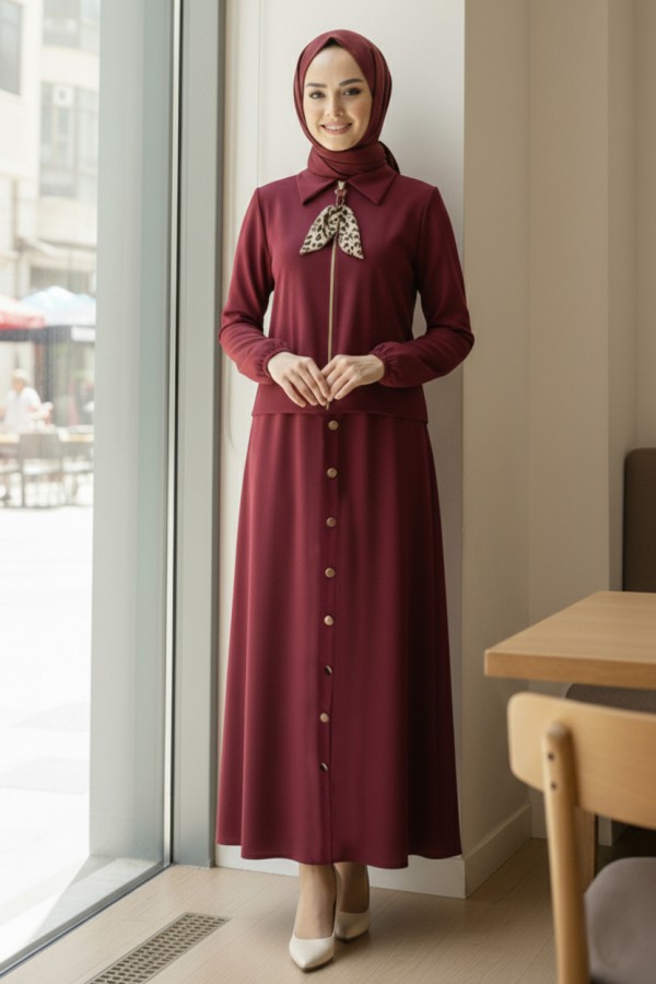 Fularlı Tesettür İkili Takım N7173 Bordo