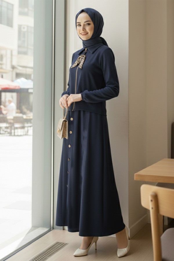 Fularlı Tesettür İkili Takım N7173 Lacivert