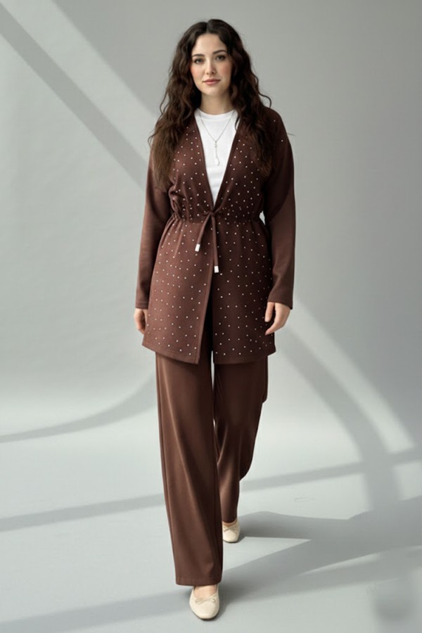Taşlı Tesettür İkili Takım N7176 Kahverengi