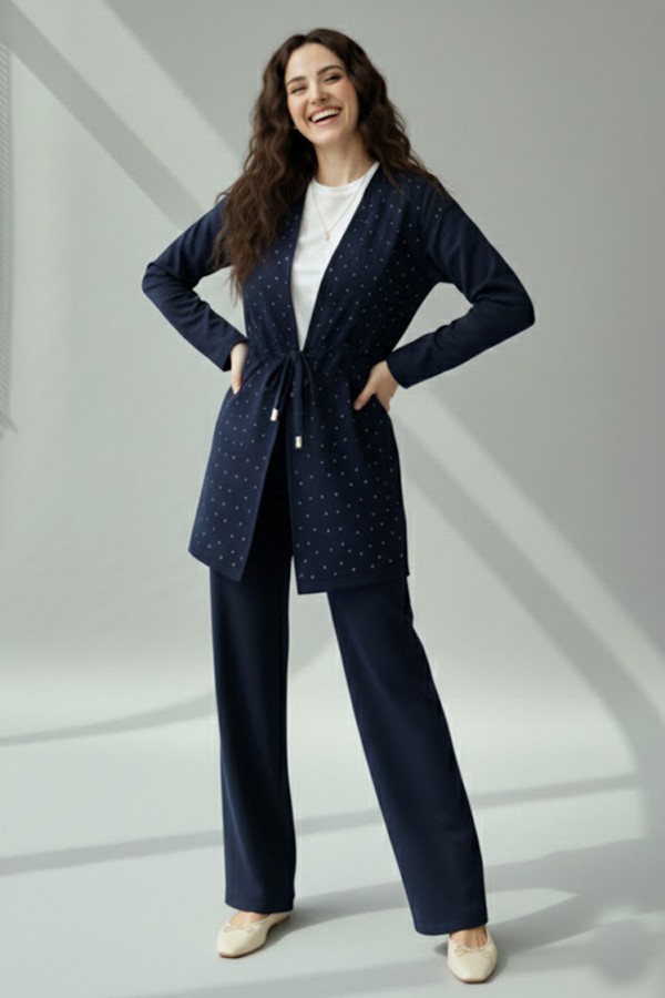 Taşlı Tesettür İkili Takım N7176 Lacivert