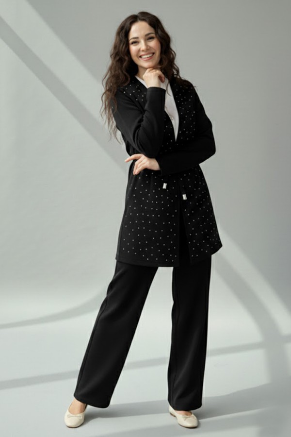 Taşlı Tesettür İkili Takım N7176 Siyah