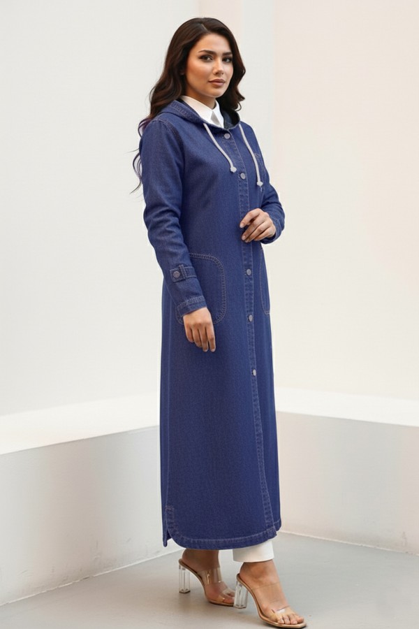 Kapüşonlu Düğmeli Spor Kot Kap O7563-1 Lacivert Kapüşonlu Düğmeli Spor Kot Kap O7563-1 Lacivert