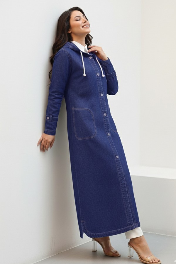 Kapüşonlu Düğmeli Spor Kot Kap O7563-1 Lacivert