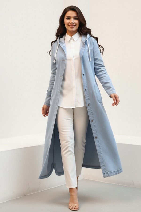 Kapüşonlu Düğmeli Spor Kot Kap O7563-1 Mavi Kapüşonlu Düğmeli Spor Kot Kap O7563-1 Mavi