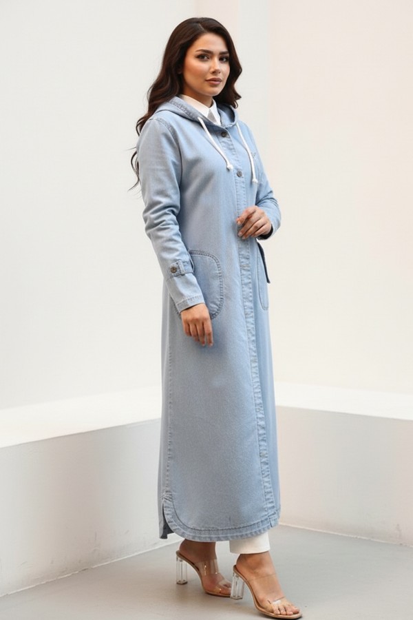 Kapüşonlu Düğmeli Spor Kot Kap O7563-1 Mavi