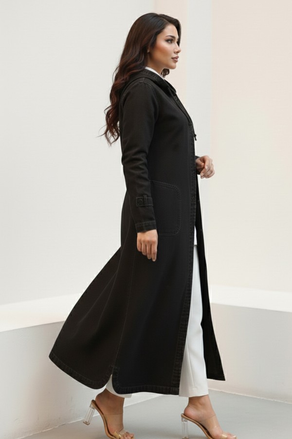 Kapüşonlu Düğmeli Spor Kot Kap O7563-1 Siyah Kapüşonlu Düğmeli Spor Kot Kap O7563-1 Siyah