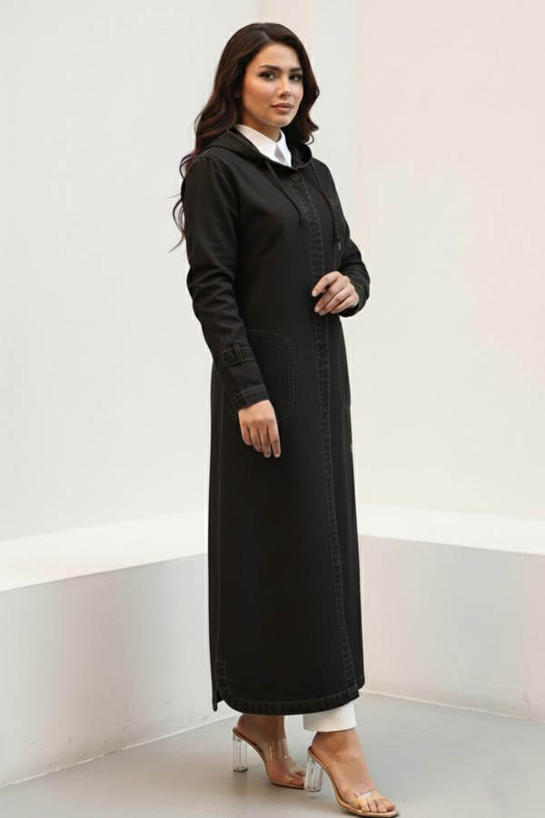 Kapüşonlu Düğmeli Spor Kot Kap O7563-1 Siyah