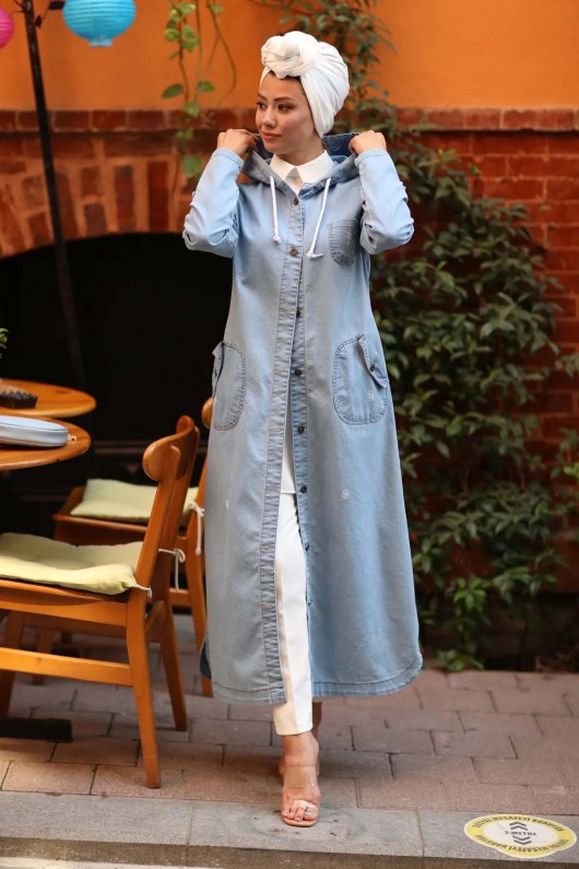  KAPÜŞONLU DÜĞMELİ SPOR KOT KAP Mavi 7563