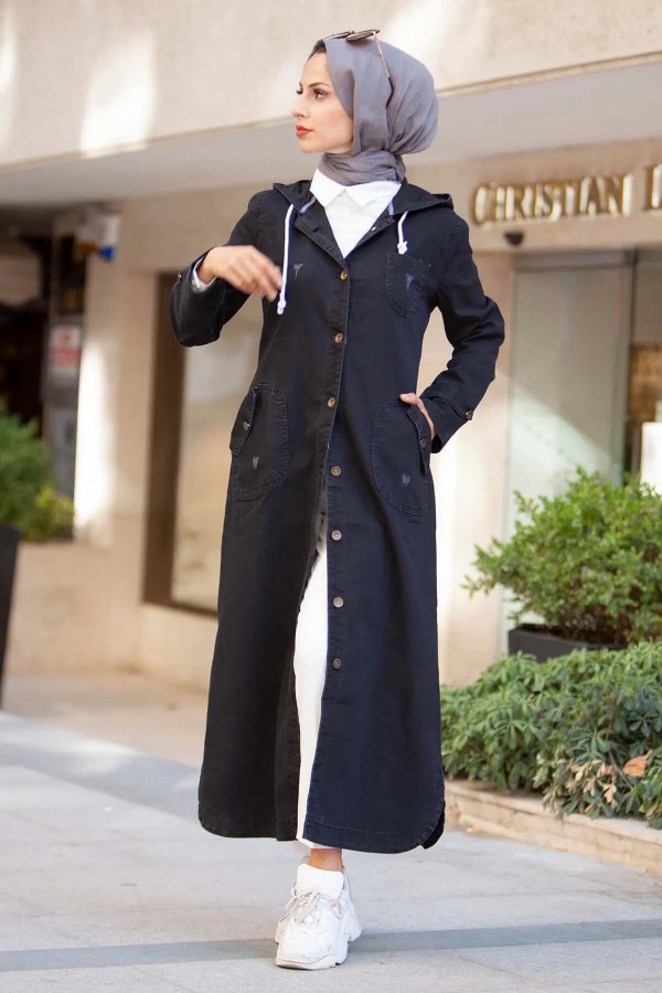 KAPÜŞONLU DÜĞMELİ SPOR KOT KAP Siyah 7563 KAPÜŞONLU DÜĞMELİ SPOR KOT KAP Siyah 7563