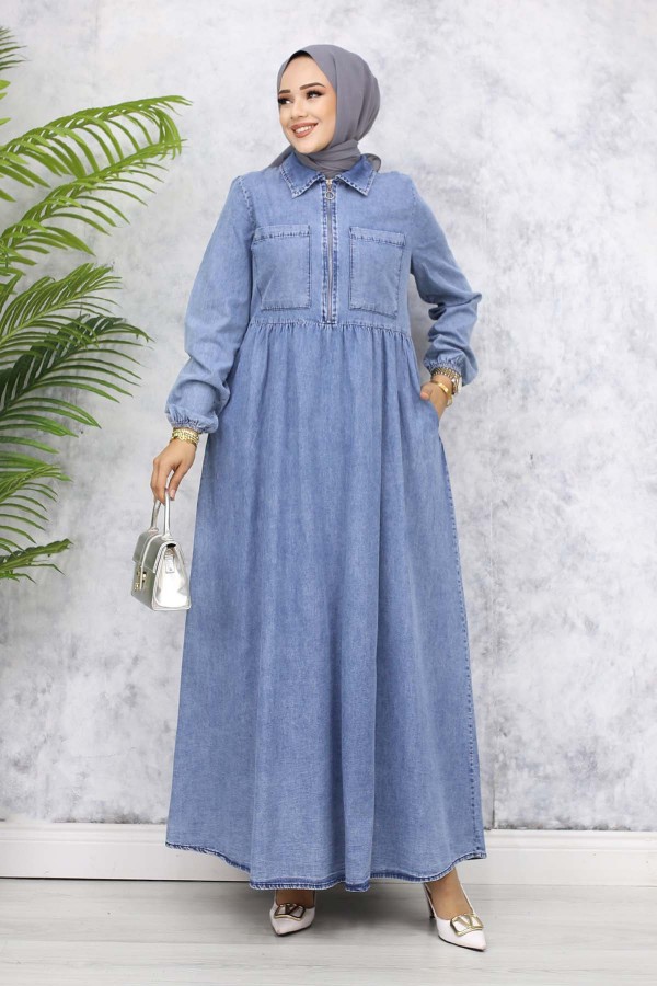 Yarım Fermuarlı Önü Cep Detaylı Kot Elbise Mavi 766 Yarım Fermuarlı Önü Cep Detaylı Kot Elbise Mavi 766