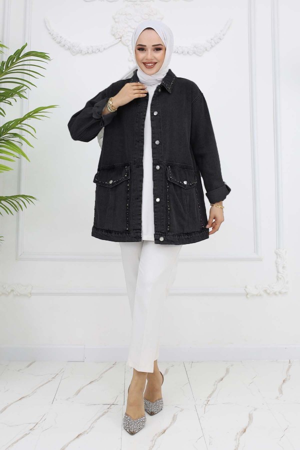 Taş İşlemeli Cepli Kot Ceket Siyah 7902 Taş İşlemeli Cepli Kot Ceket Siyah 7902